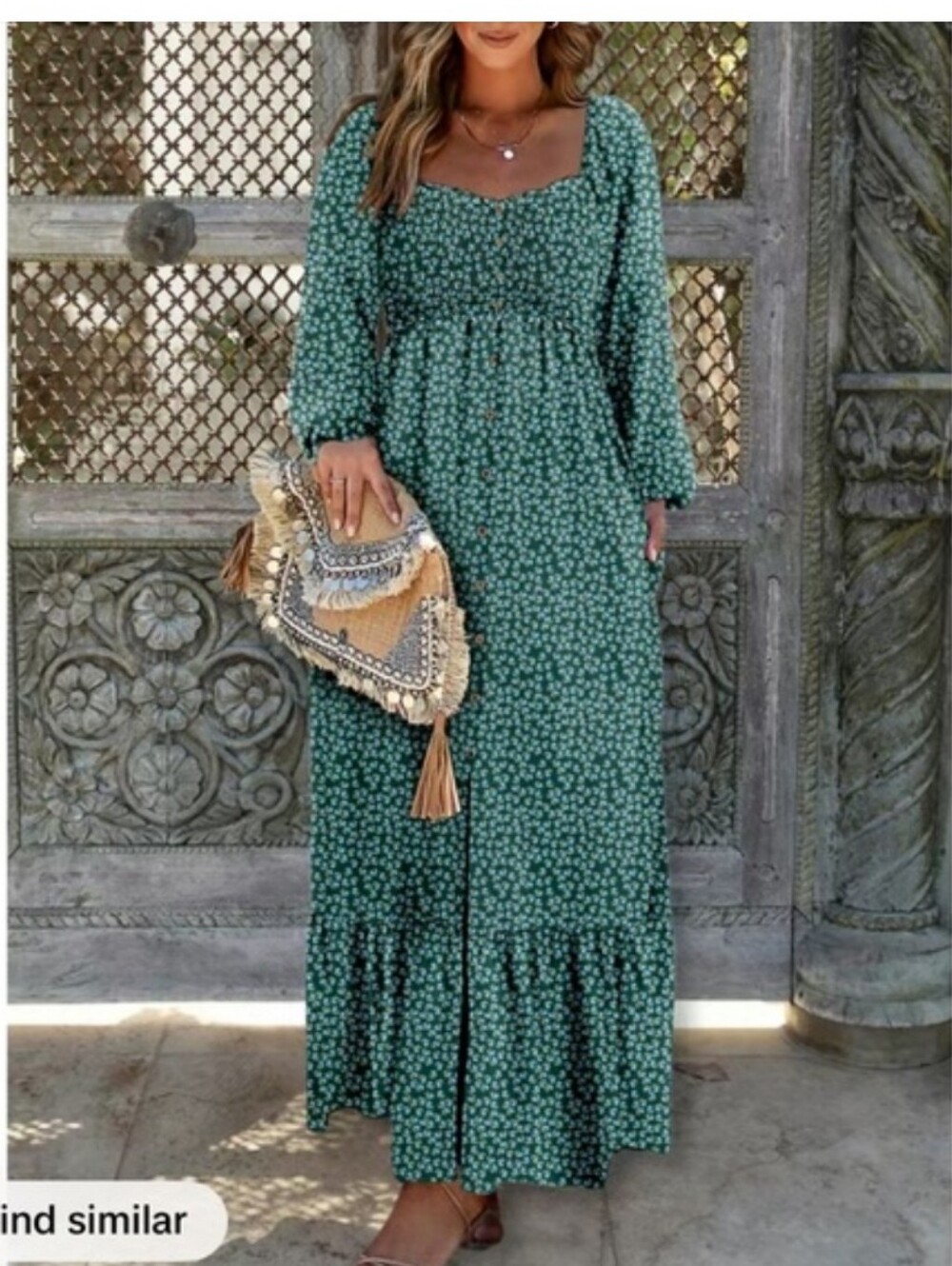 Dark Green With Blye Floral Button-Down Maxi Dress